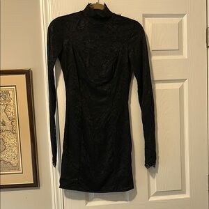 SKIMS Black Long Sleeve lace Bodycon Dress with Mandarin Collar